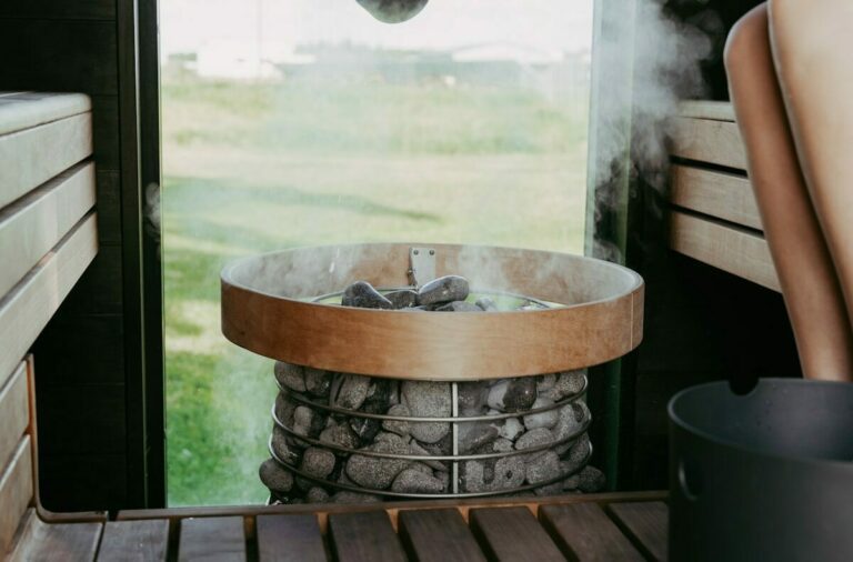 Steam rising from hot stones in a sauna